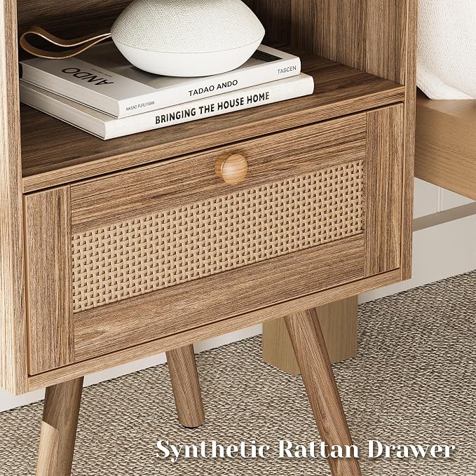 SUPERJARE Nightstand with Charging Station & Rattan-Like Decor Drawer, Rattan End Table with Solid Wood Feet, Bed Side Table with Open Storage, for Bedroom, Living Room, Dormitory, Walnut
