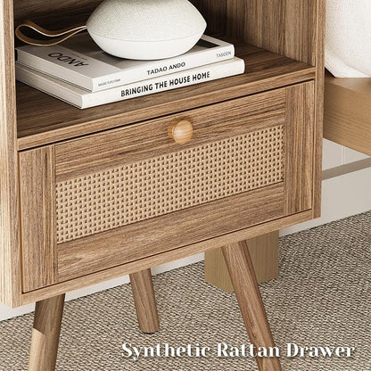 SUPERJARE Nightstand with Charging Station & Rattan-Like Decor Drawer, Rattan End Table with Solid Wood Feet, Bed Side Table with Open Storage, for Bedroom, Living Room, Dormitory, Walnut