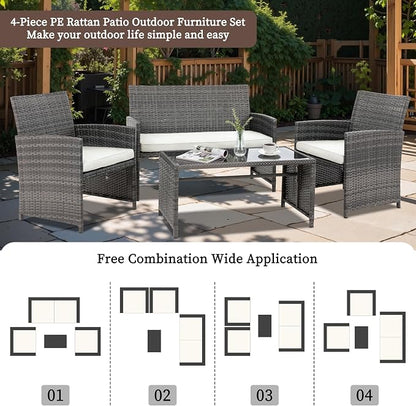 4 Piece Patio Ratten Set Outdoor Furniture Set Wicker Conversation Set with Cushions and Tempered Glass Tabletop,Beige