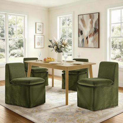 KISLOT Upholstered Dining Chairs Set of 2 with Casters, Modern Armless Kitchen Chairs with Removable Washable Cover, Chenille Velvet Fabric, Sturdy Metal & Wood Frame, 19.5" Seat Height, Green