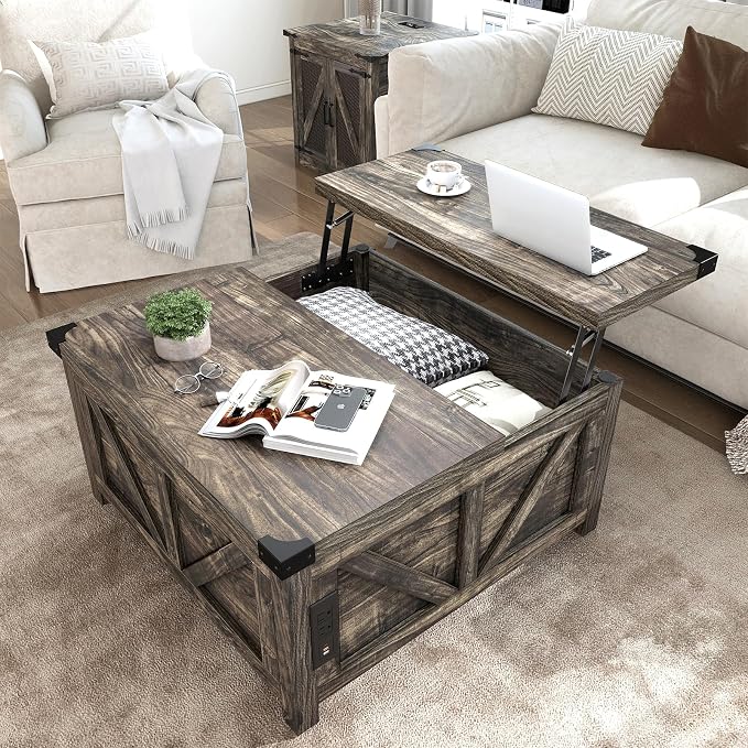 jimeimen Farmhouse Lift Top Coffee Table with Storage, Wood Square Center Table with Charging Station&USB Port, Living Room Table w/Large Hidden Space, for Living Room, Bedroom, Home Office, Dark Grey