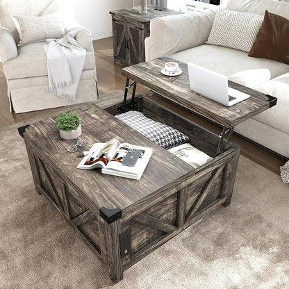 jimeimen Farmhouse Lift Top Coffee Table with Storage, Wood Square Center Table with Charging Station&USB Port, Living Room Table w/Large Hidden Space, for Living Room, Bedroom, Home Office, Dark Grey
