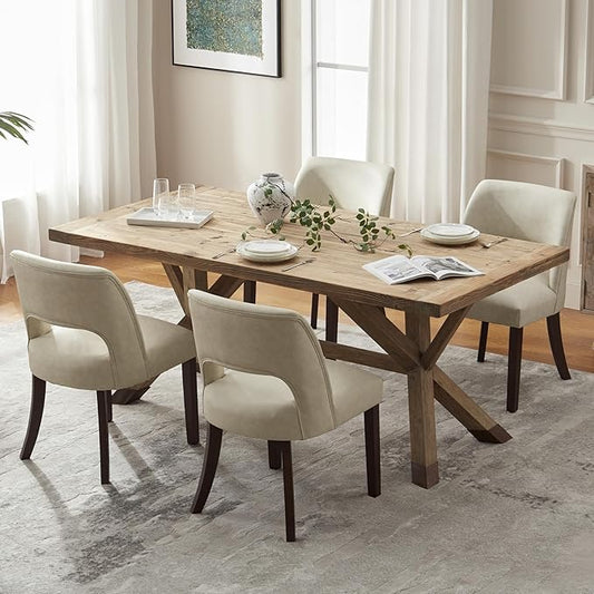 VKNOW Modern Dining Chairs Set of 4 with Rubberwood Legs, Beige | Faux Leather, Curved Back, For family, Kitchen Dining RoomRestaurant Reception Room, No wobble, 80% pre-installed