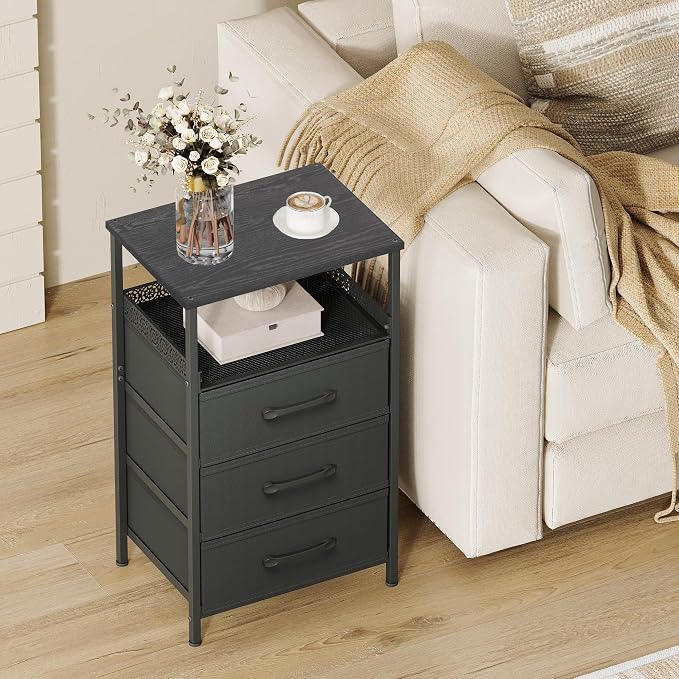 JARHETUN Nightstand Set of 2, Night Stands with 3 Fabirc Drawers, 26.4 Inch Tall Bedside Table with Metal Shelf, Modern Side End Table Storage Furniture, Small Dresser for Bedroom, Black