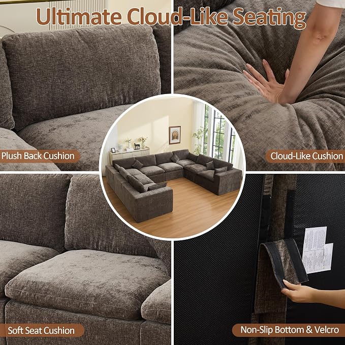 146''Cloud Boneless Sectional Couch, Modular Sectional Sofa Deep Seat, Oversized Upholstered Convertible Comfy 8 Seater Chenille Memory Foam Sofa U Shape Couches for Living Room, Brown