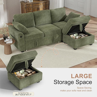 Hanherry 81" Sectional Couch with Pull Out Bed,3 Seat Corduroy Sleeper Sofa with Storage Ottoman & USB Charging,Comfy L Shaped Modular Couches for Living Room,Apartment