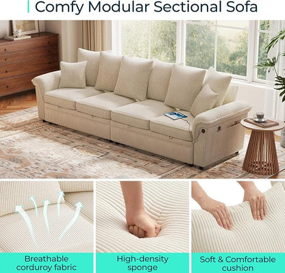 LINSY HOME Oversized Sectional Sleeper Sofa with Pull Out Couch Bed (Beige, 110.5'') | USB Charging