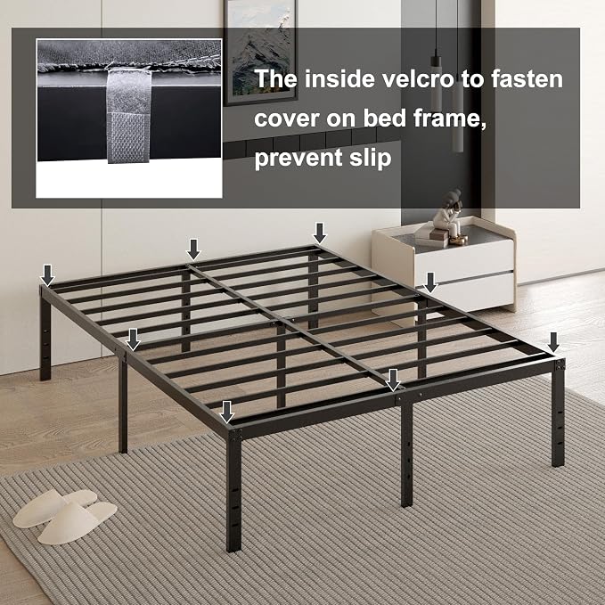 Cieemine 18 Inch Full Size Bed Frame with Black Bed Cover, Metal Bed Frame Full Size No Box Spring Needed, Heavy Duty Mattress Foundation, Easy Assembly, Noise Free