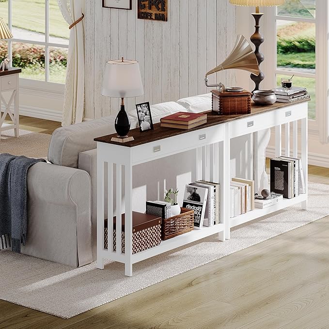 ChooChoo 39" Farmhouse Entryway Table with Drawer, Narrow Console Table with Storage Shelf, Sofa Table for Living Room, Entryway, and Hallway, White and Brown
