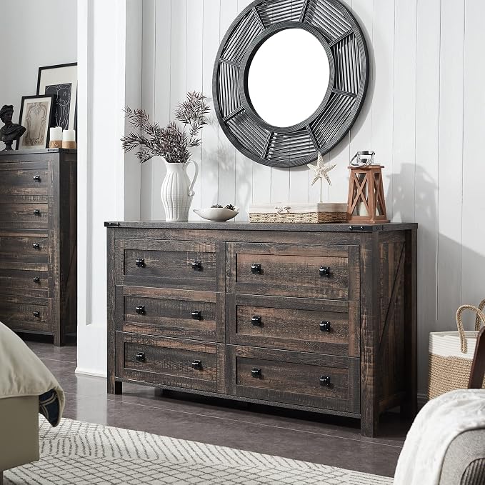 T4TREAM 54" Wide Farmhouse 6-Drawer Dresser for Bedroom, Dark Rustic Oak | Rustic, Wood Storage Cabinet, Metal Handle, Unique Corner Accent, Bedroom, Living Room, Hallway