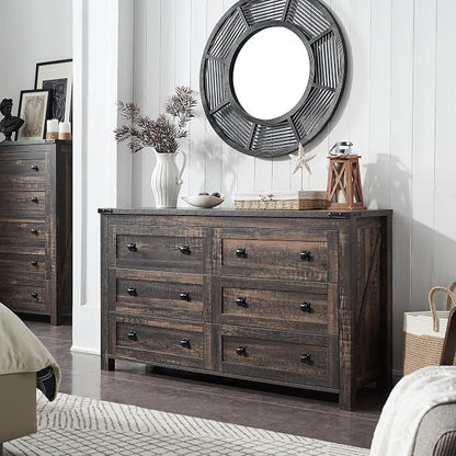 T4TREAM 54" Wide Farmhouse 6-Drawer Dresser for Bedroom, Dark Rustic Oak | Rustic, Wood Storage Cabinet, Metal Handle, Unique Corner Accent, Bedroom, Living Room, Hallway