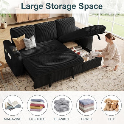 Sectional Sleeper Sofa with Pull Out Bed, Plush Corduroy Sectional Sofa with Storage Chaise and Adjustable Backrest, Cloud Sectional Couches for Living Room, Apartment, Black