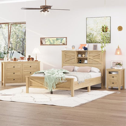 Farmhouse 3-Pieces Bedroom Sets, Queen Size Platform Bed with a Nightstand and 6-Drawer Storage, Wood Platform Bed with Double Sliding Door Storage Headboard and Charging Station (Queen)