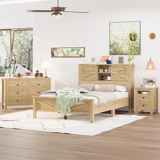 Farmhouse 3-Pieces Bedroom Sets, Queen Size Platform Bed with a Nightstand and 6-Drawer Storage, Wood Platform Bed with Double Sliding Door Storage Headboard and Charging Station (Queen)