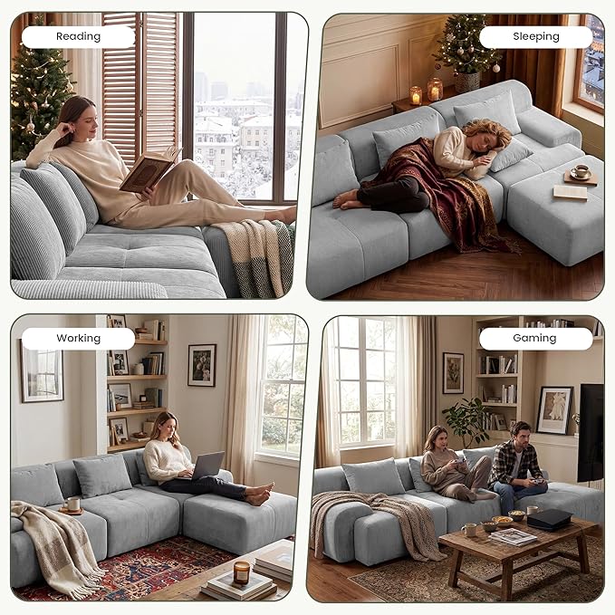 GRUSIGN 108'' Modular Sectional Boneless Couch, Tufted Cloud Sectional Couches for Living Room, L Shape Deep Seat Sofa with Ottoman & 3 Throw Pillows,Corduroy Oversized Couch,Light Grey