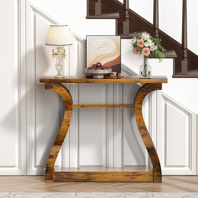 Wooden Console Table with Curved Legs and Shelf, 3-Tier Modern Accent Narrow Sofa Table for Entrance Area, Living Room, Hallway, 47 in Wide Wood Console Table for Entryway (Rustic Brown)