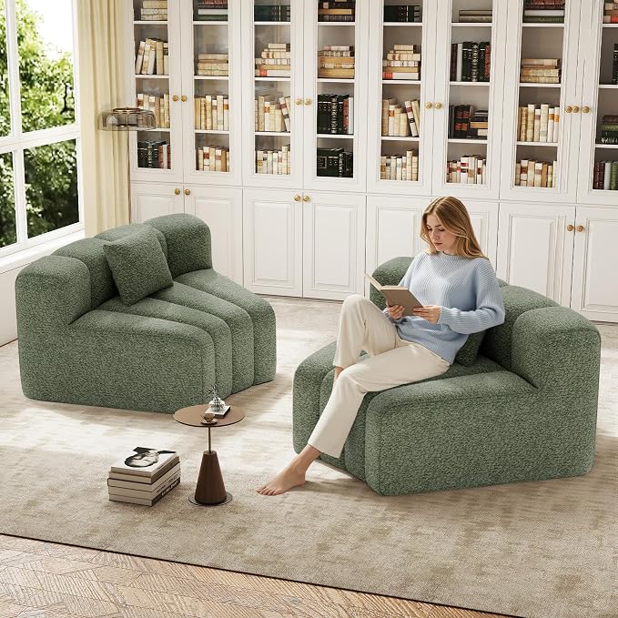 Luxanimarion 2PCS 1/8 Round Modular Sectional Sofa, 2 Seater Modern Curved Cloud Couch Modules, Convertible Boneless Couches for Living Room, No Assembly Required, Green