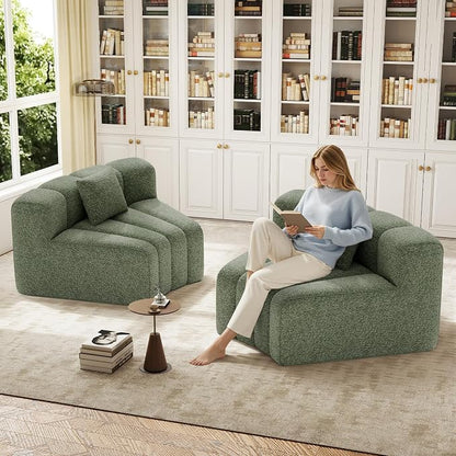 Luxanimarion 2PCS 1/8 Round Modular Sectional Sofa, 2 Seater Modern Curved Cloud Couch Modules, Convertible Boneless Couches for Living Room, No Assembly Required, Green