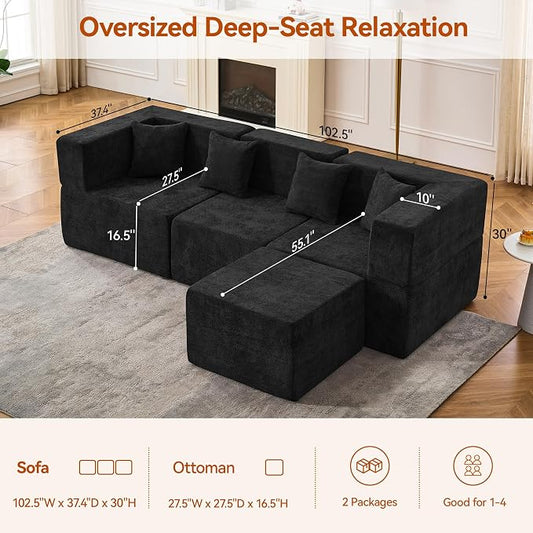 MONVANE 103'' Modular Sectional Sofa, Comfy Chenille Cloud Couch with Ottoman, Modern Convertible L Shaped Couch with Deep Seat, Sectional Couches for Living Room, Bedroom and Apartment, Black