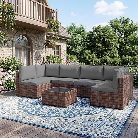 LHBcraft Patio Furniture Set with Rain Cover,7 Pieces Outdoor Wicker Rattan Patio Furniture, Wicker Rattan Outdoor Sectional Sofa Set with Coffee Table for Garden, Poolside Taupe-Grey