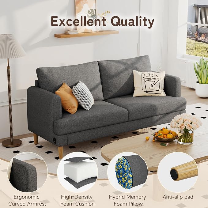 70" Modern Loveseat Sofa with USB Type-C Ports, Linen Fabric 2-Seater Deep Seat Couch, Cozy Small Couch Sofa for Living Room Bedroom Office Apartment (Dark Grey)