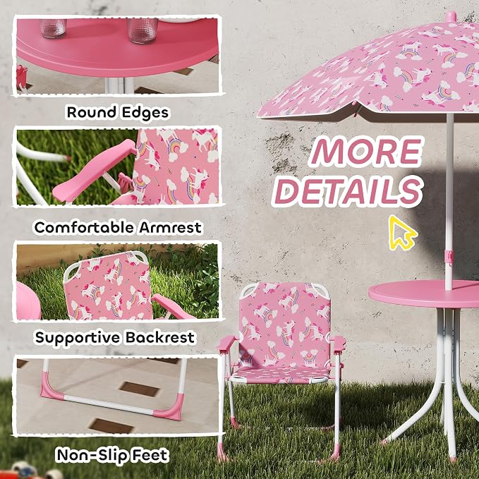 Qaba Kids Picnic Table and Chair Set, Outdoor Activity Table with Foldable Chairs, Removable Umbrella, Unicorn and Rainbow Pattern Toddler Patio Furniture for Backyard, Garden, Pink