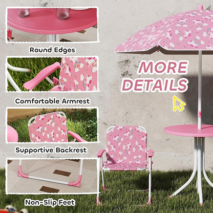 Qaba Kids Picnic Table and Chair Set, Outdoor Activity Table with Foldable Chairs, Removable Umbrella, Unicorn and Rainbow Pattern Toddler Patio Furniture for Backyard, Garden, Pink