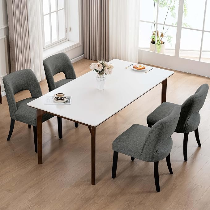 VKNOW Wooden Dining Chairs Set of 4, Modern Fabric Upholstered Dining Room Chair Kitchen Chairs, Farmhouse Dinner Chair for Kitchen Dining Room, Dark Grey-Black Legs
