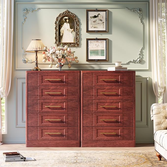 RECHHX Farmhouse 5 Drawers Dresser for Bedroom, 44" Tall Modern Chest of Drawers, Wooden Thermoformed Curved Dresser Organizer for Bedroom, Living Room, Walnut Cherry