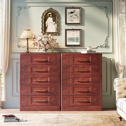 RECHHX Farmhouse 5 Drawers Dresser for Bedroom, 44" Tall Modern Chest of Drawers, Wooden Thermoformed Curved Dresser Organizer for Bedroom, Living Room, Walnut Cherry