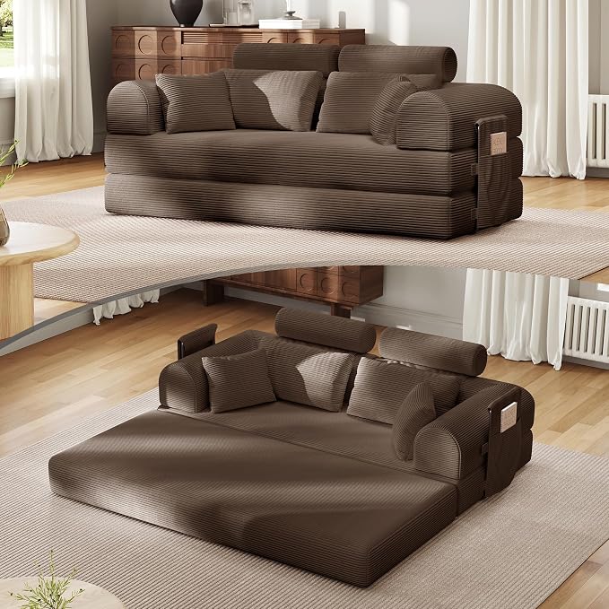 Upgrade High Backrest Design Sofa Bed with Fixed-Shape Frame & Removable Armrests and Backrest, Corduroy Fabric, Convertible Mattress Couch for Small Spaces - No Assembly Needed (Brown)