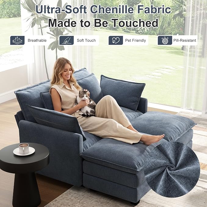 58" Cloud Couch Loveseat, Deep Seat Modular Sectional Sofa with 4 Removable Washable Pillows and 2 Ottoman for Living Room, Bedroom, Apartment, Blue