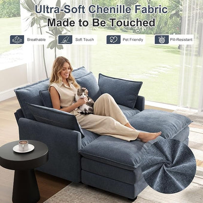 58" Cloud Couch Loveseat, Deep Seat Modular Sectional Sofa with 4 Removable Washable Pillows and 2 Ottoman for Living Room, Bedroom, Apartment, Blue