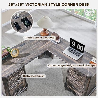 T4TREAM 59" L Shaped Executive Desk with Drawers,Farmhouse Wood Computer Desk, Featuring Charging Station,File Drawer, Storage Cabinet,for Home Office Work and Study (Dark Rustic Oak)
