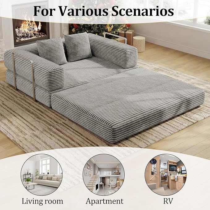 BSHOMGI 4 in 1 Convertible Sofas Boneless Couches with 2 Pillow, Modern Corduroy Futon Bed, Modular Queen Sofa with Pull-Out Bed, LoveSeat for Living Room, Small Space Apartment 53.15" Double Sofa