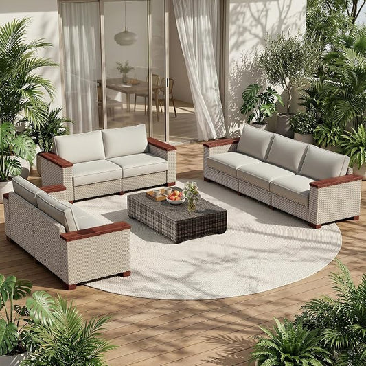 PaPaJet 7-Piece Wicker Patio Furniture Set with Solid Wood Armrest, Outdoor Patio Set with Thick Legs, UV-Resistant Modular Outdoor Sectional Sofa for Backyard, Porch, Garden