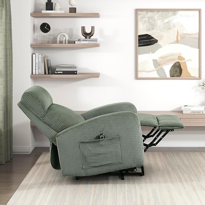 Lexicon Power Lift Recliner Chair for Elderly with Remote Control, Gentle Lift Motion, Side Pocket Armrest, Corduroy Upholstered Electric Recliner for Living Room/Bedroom, Easy Assembly, Green