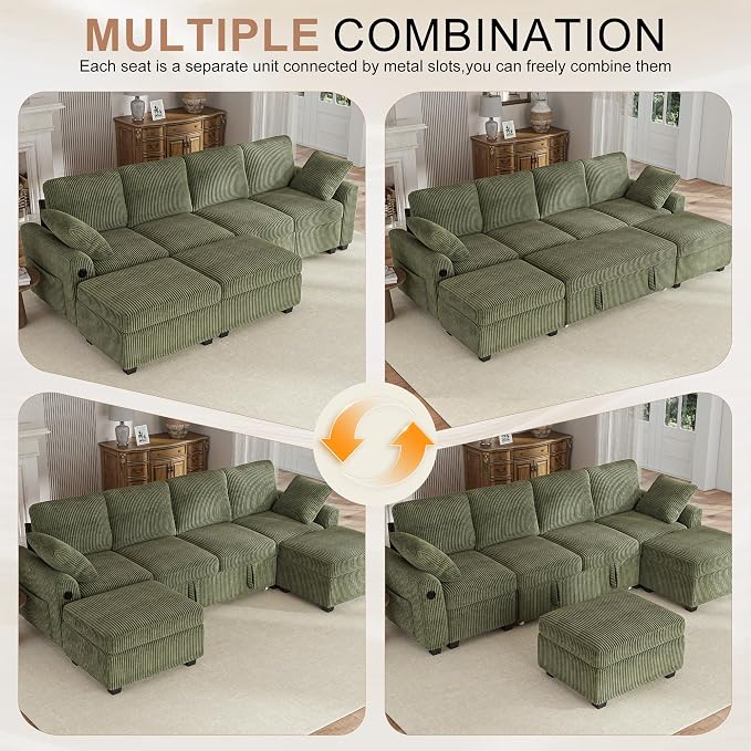 Hanherry 104" Sectional Sofa with Pull Out Couch Bed,Corduroy 4 Seater Sleeper Sofa with Storage Ottoman & USB Charging,Comfy U Shaped Modular Couches for Living Room,Apartment