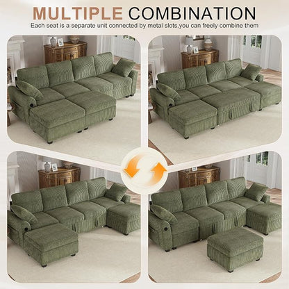 Hanherry 104" Sectional Sofa with Pull Out Couch Bed,Corduroy 4 Seater Sleeper Sofa with Storage Ottoman & USB Charging,Comfy U Shaped Modular Couches for Living Room,Apartment