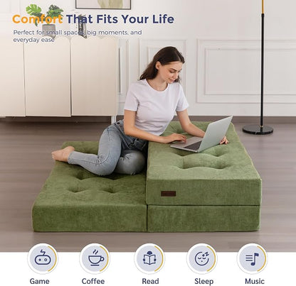 MAXYOYO 6" Folding Sofa Bed for Floor, Tufted Tri-Fold Floor Mattress with Chenille Fabric, Queen Size Portable Sofa Couch Guest Mat for Adults, Foldable Topper for Camping, Green, 59"x78.7"