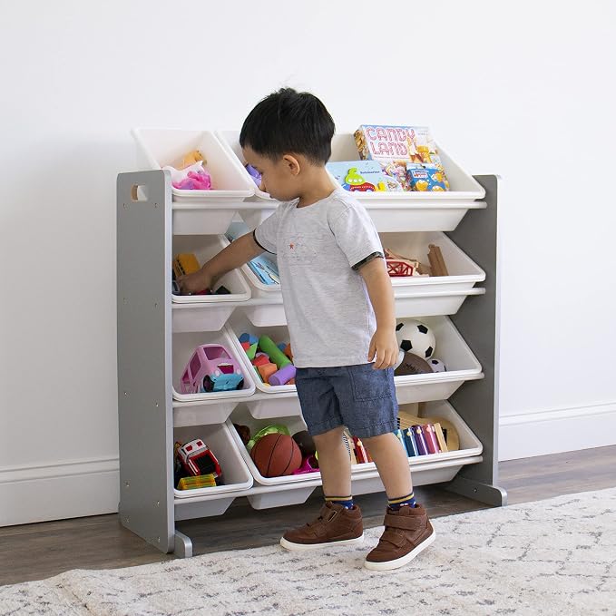 Humble Crew Toy Storage Organizer with 12 Removable Storage Bins for Kids Playroom, 4-Tier Toddler Toy Organization, Grey/White