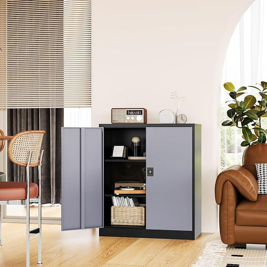 Fesbos Metal Storage Cabinet-36” Tall Steel File Cabinets with Lockable Doors and Adjustable Shelves-Black&Gray Steel Storage Cabinet for Home Office, School, Garage