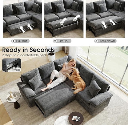 86" Modular Sectional Sleeper Sofa with Pull Out Bed, L Shaped 5 Seat Couch with 151L Storage, Convertible Cloud Couch Bed, Sectional Couches for Living Room, Apartment (Gray)
