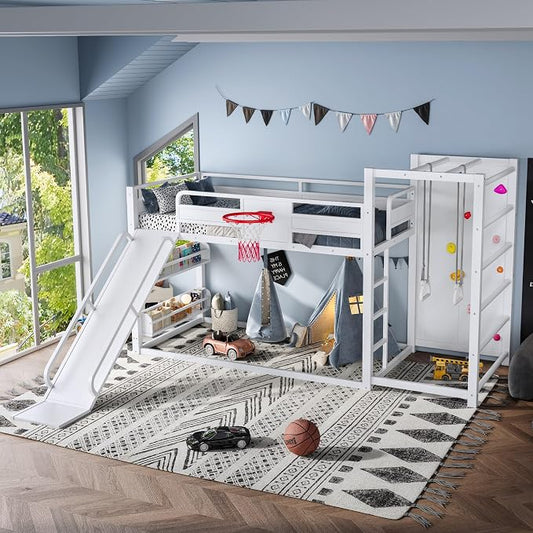 Harper & Bright Designs Twin Size Metal Bunk Bed with Built-in Bookshelves and Basketball Hoop, Floor Bunk Bed Twin Over Twin with Slide, Climbing Wall and Pull-up Rings for Kids Teens, White