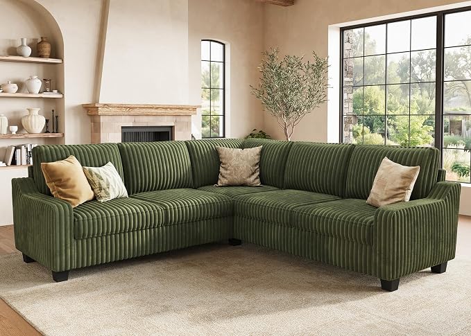 HONBAY Corduroy Convertible Sectional Sofa L Shaped Corner Couch Reversible Sectional Couches for Living Room,Green