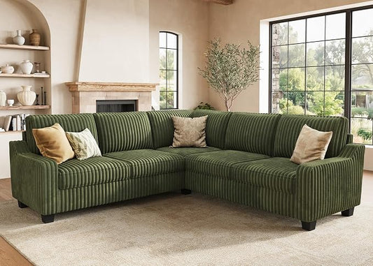 HONBAY Corduroy Convertible Sectional Sofa L Shaped Corner Couch Reversible Sectional Couches for Living Room,Green