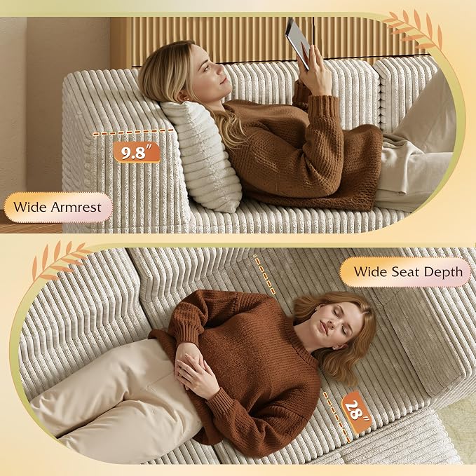 WLIVE 108'' Cloud Sectional Couches for Living Room, Modular Boneless Couch with Facing Chaise, L Shape Memory Foam Corduroy, with Ottoman, Greyish Beige