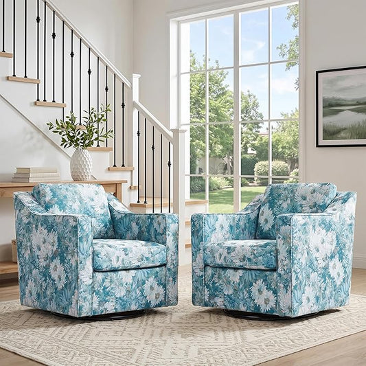 Swivel Accent Chair, Modern Round Barrel Arm Chair for Living Room, Bedroom, Comfy Club Reading Chairs for Adults (Cyan Blooms, Set of 2)