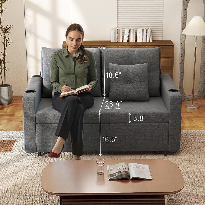 Krcix 3 in 1 Sofa Bed, 56 Inch Convertible Pull Out Couch, Loveseat Sleeper Sofa with Cup Holders, USB, Side Pockets, Multi-Function Sofa Couches for Living Room, Bedroom, Apartment, Light Grey