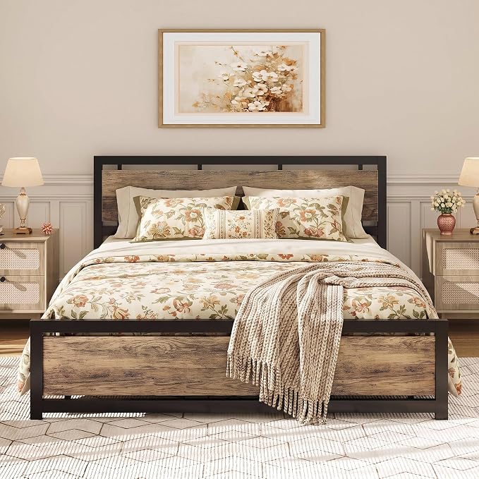 LIKIMIO California King Bed Frame with Headboard and Footboard, Metal Strong Supports, Easy Assembly, Noise-Free, No Box Spring Needed, Walnut